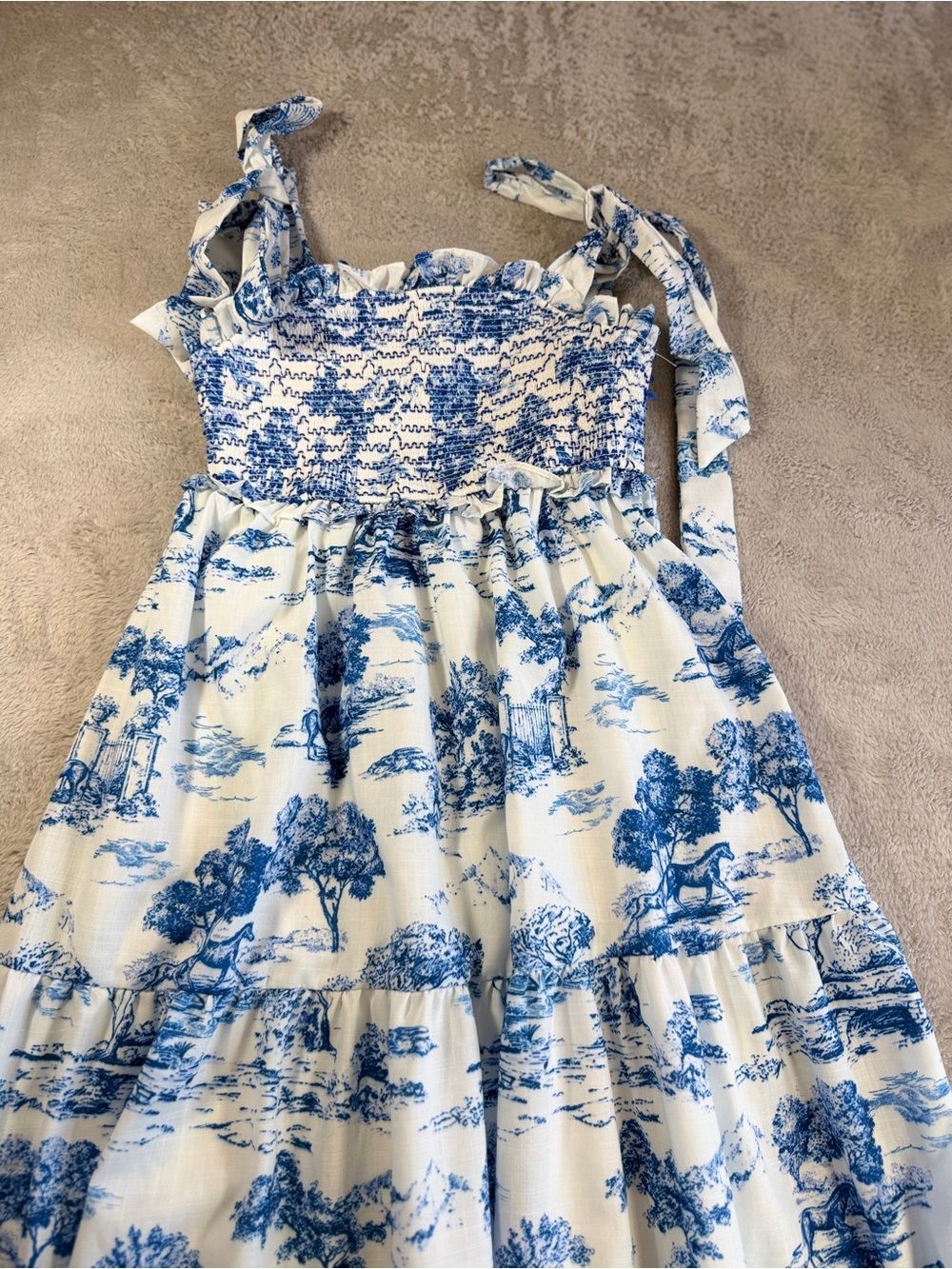 When in Rome Flying Tomato Blue and White Smocked Sundress with Tie Straps M - Picture 5 of 7